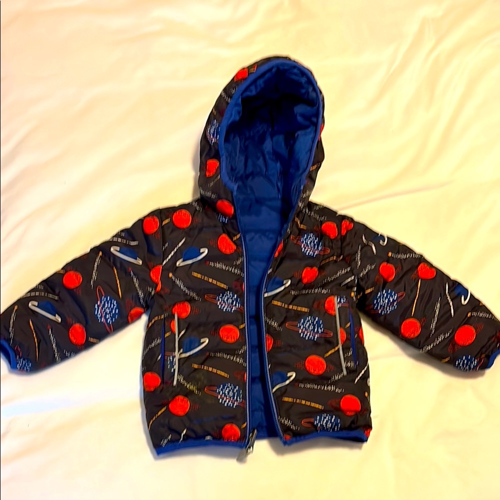 Kids Reversible Puffer Jacket; Cobalt/“Cosmos” Print